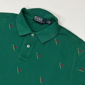 Vintage Polo Ralph Lauren Mens Green Golf Flag Embroidered AOP Polo Shirt Size L